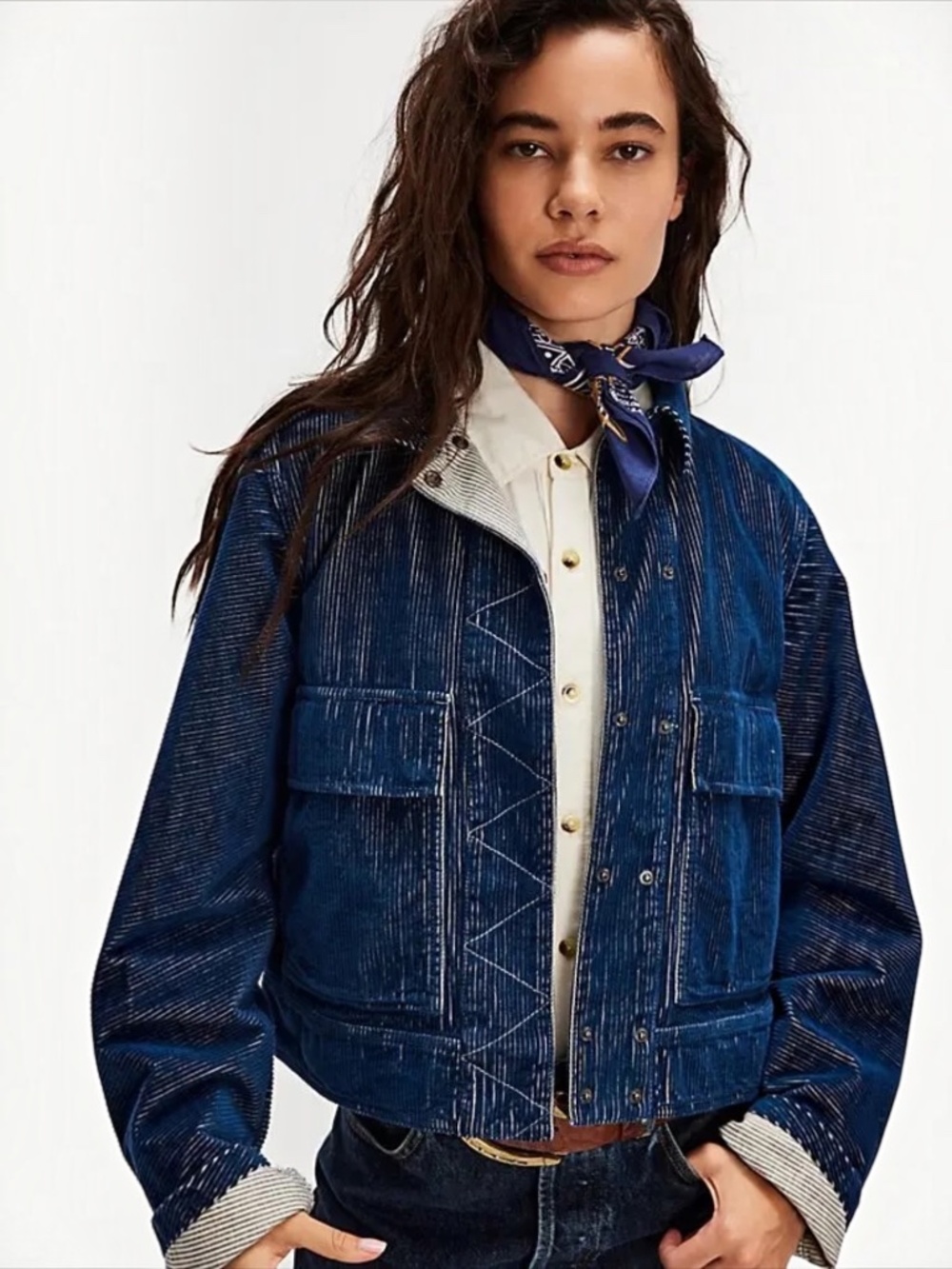 Free People We The Free Suzy Railroad Cord Jacket Blue Stripe Boxy Fit Size XS